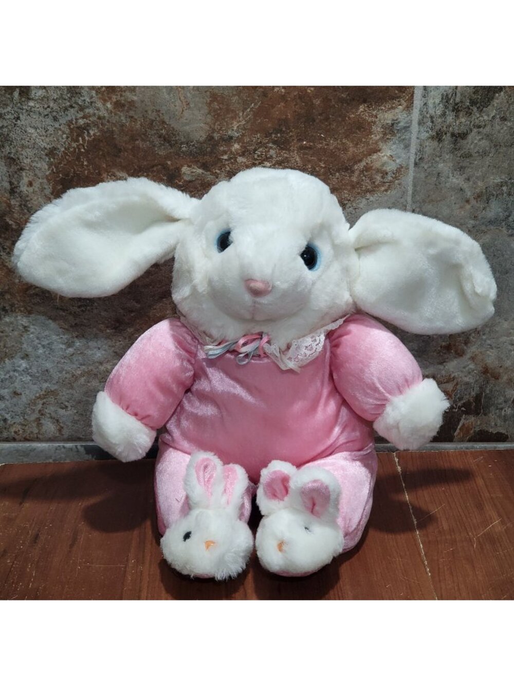 VTG Main Joy White Plush Easter Bunny Rabbit Pink Satin Outfit Lace Collar Bunn